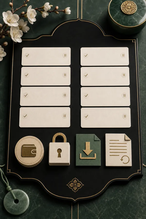 Buyer checklist cards representing price, privacy, delivery and refund decisions