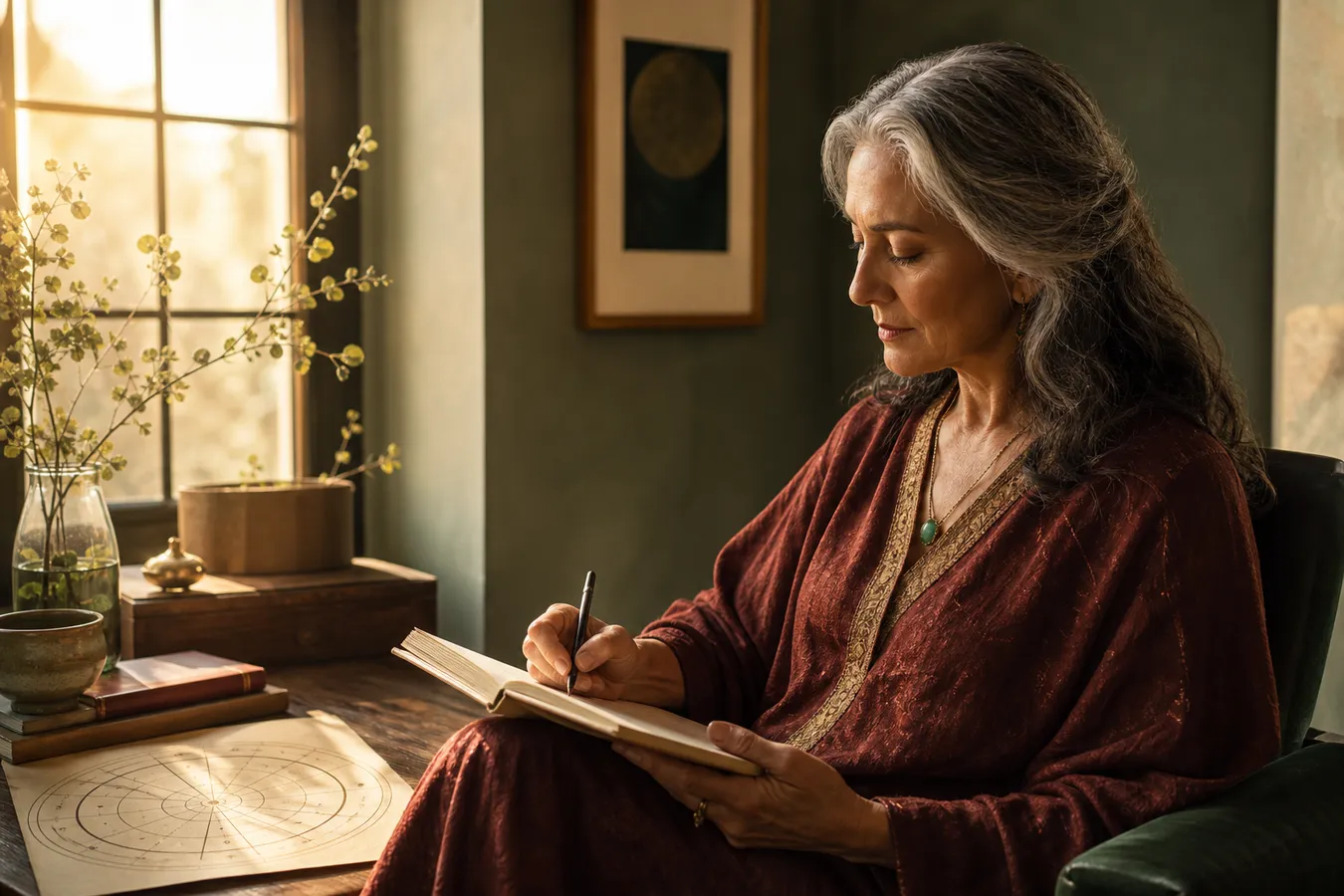 Adult journaling by a window after considering a symbolic chart reading