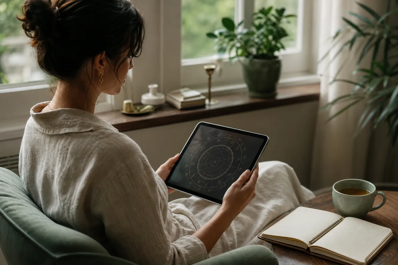 Adult reader using a tablet and journal to reflect on an abstract chart